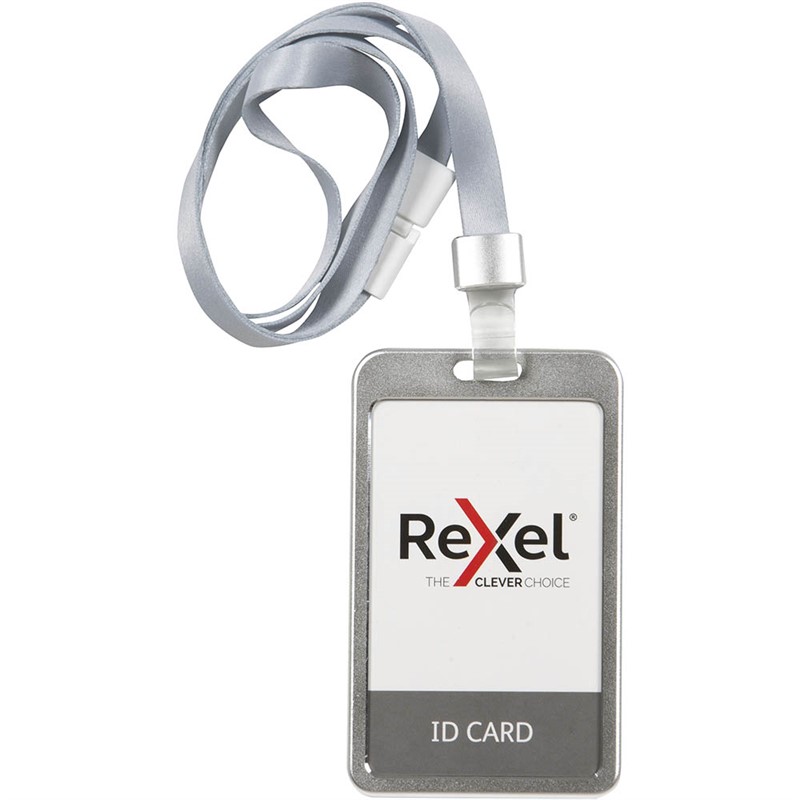 REXEL ID CARD HOLDER WITH LANYARD PORTRAIT ALUMINIUM SILVER