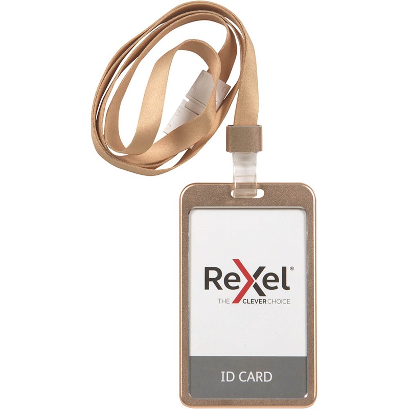 REXEL ID CARD HOLDER WITH LANYARD PORTRAIT ALUMINIUM ROSE GOLD