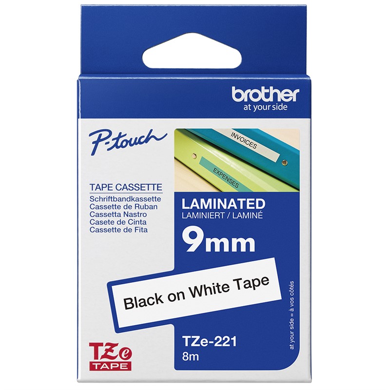 BROTHER TZE221 LAMINATED LABELLING TAPE 9MM BLACK ON WHITE