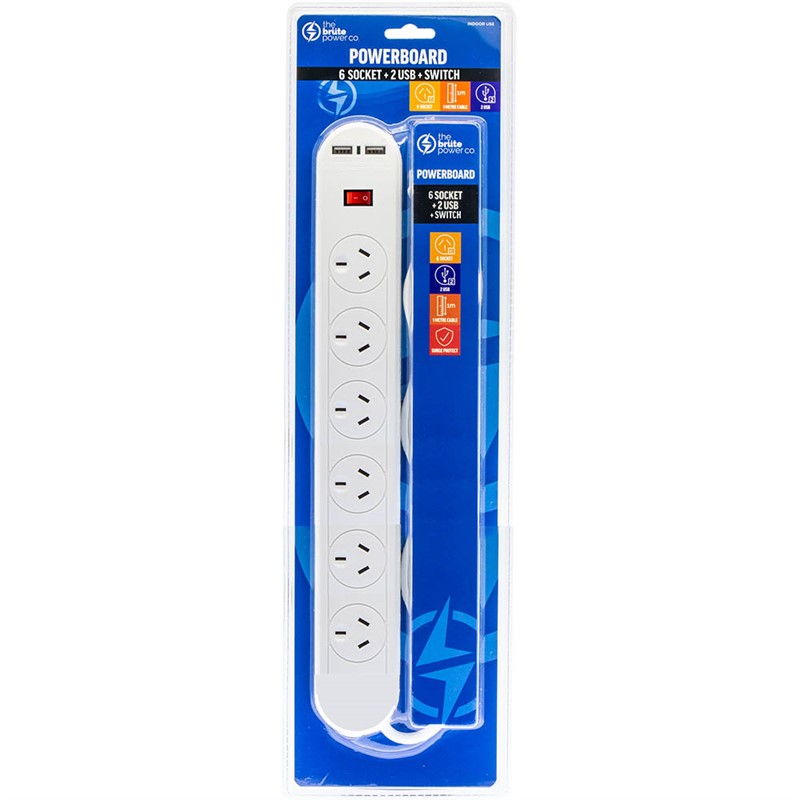THE BRUTE POWER CO POWERBOARD 6 OUTLET WITH 2 USB PORTS AND SWITCH