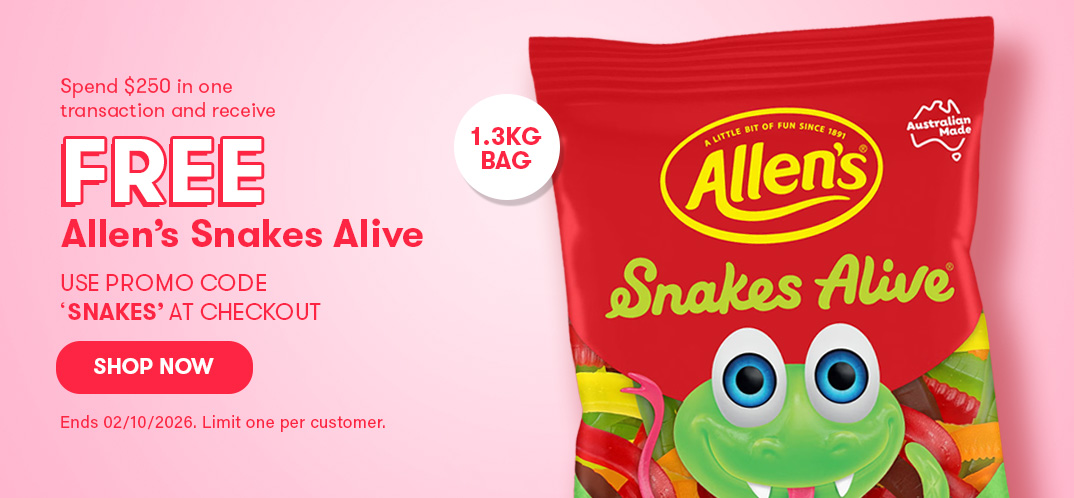Free 1.3kg bag of Allens Snakes Alive